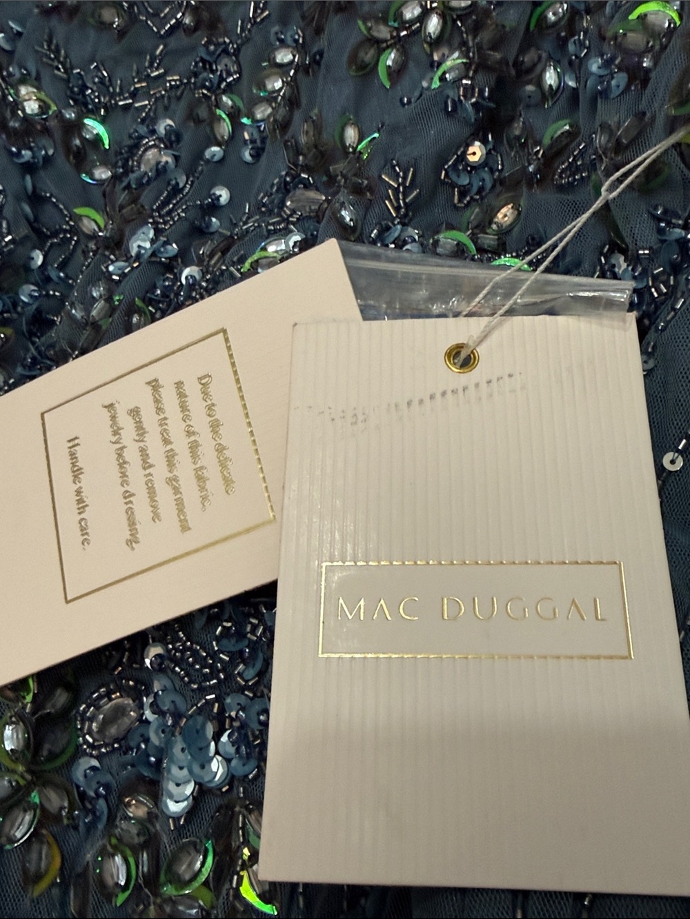 NWT Mac Duggal $698 MSRP Slate Blue Beaded Bishop Sleeves Midi Dress Size 24 - Picture 4 of 10